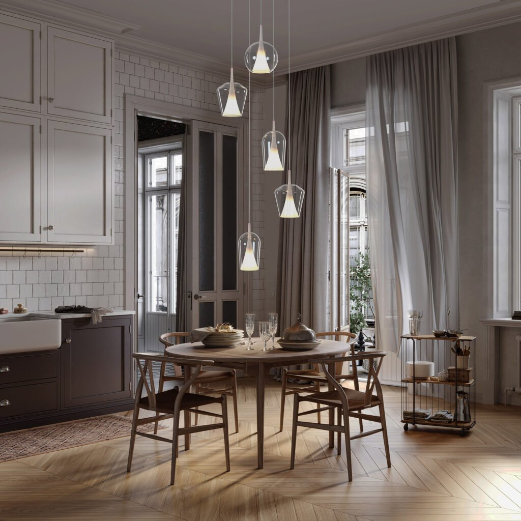 3D rendering of a dining area in modern kitchen. Luxurious interiors of kitchen and dining table.