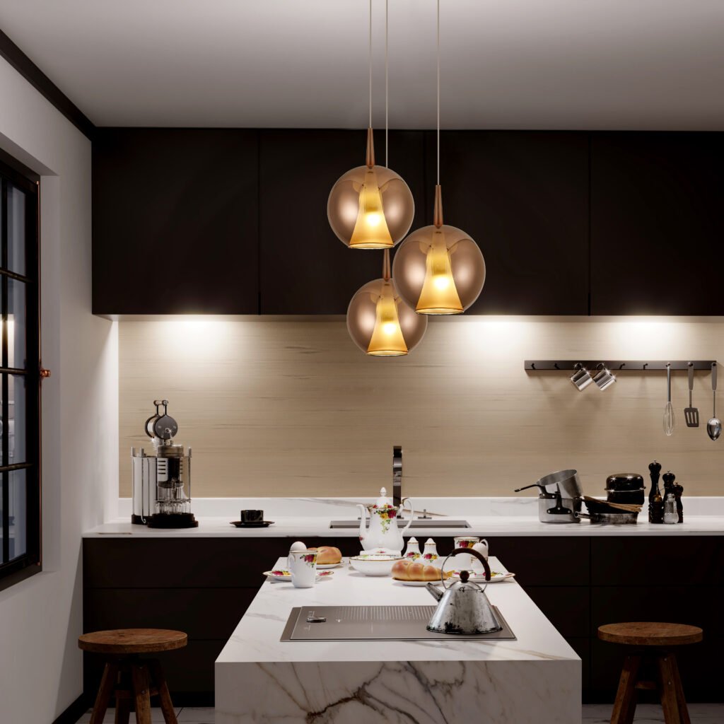 Modern designed cozy kitchen interior in the evening. ( 3d render )